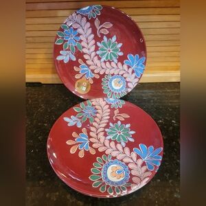 Bungalow No 10 Set of 4 Melamine 11" dinner plates Burgundy w/ Floral Decor New